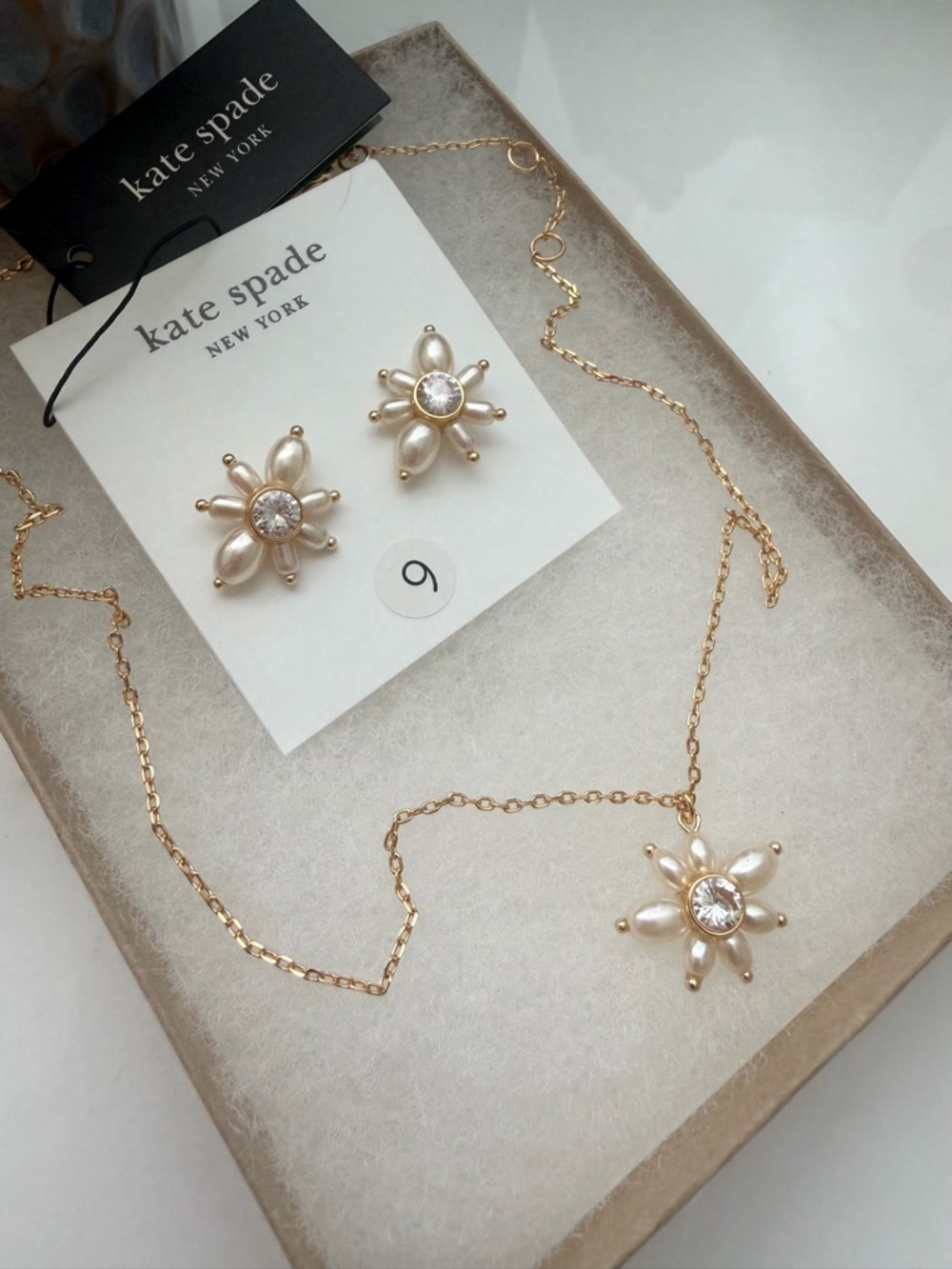 kate spade Gold and White Pearl Floral Necklace & Studs Set